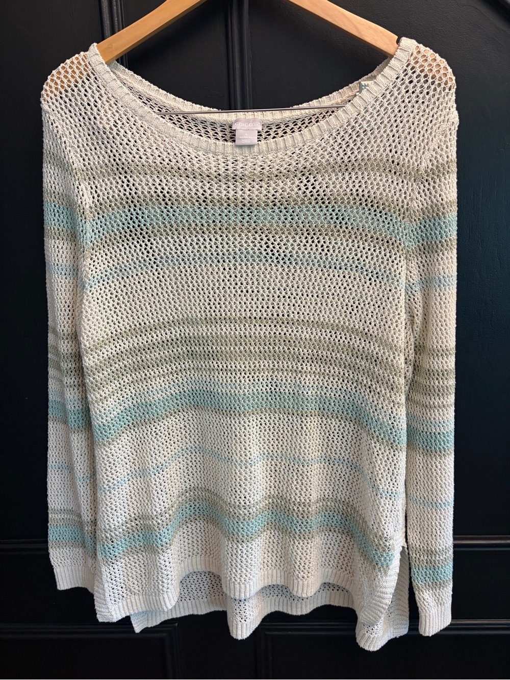 Chico’s -  Cream Open-Knit Stripe Sweater - Casual Women's Pullover - Picture 2 of 10